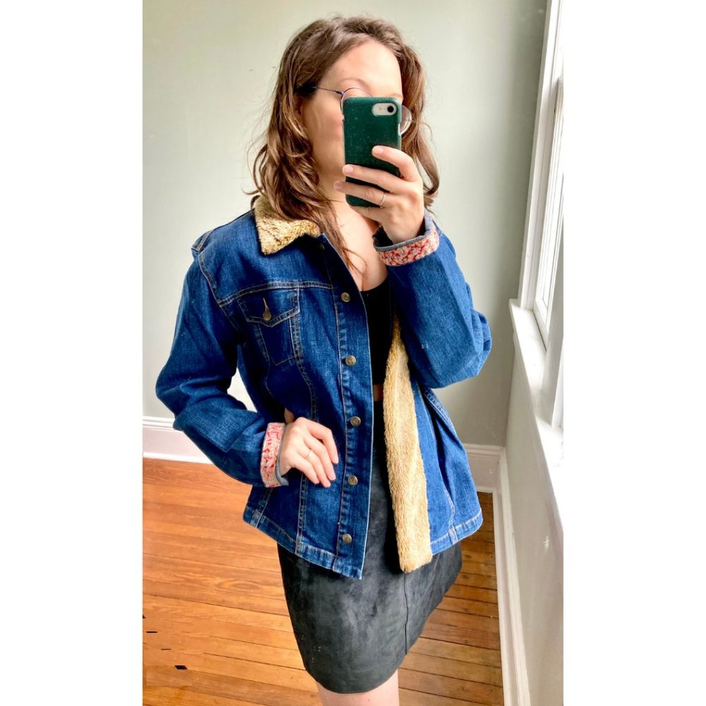 Vintage Y2K 90s Denim April Cornell Faux Fur Pink Floral Trim Jean Jacket L